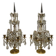 Pair Antique French Crystal & Bronze Girondolles