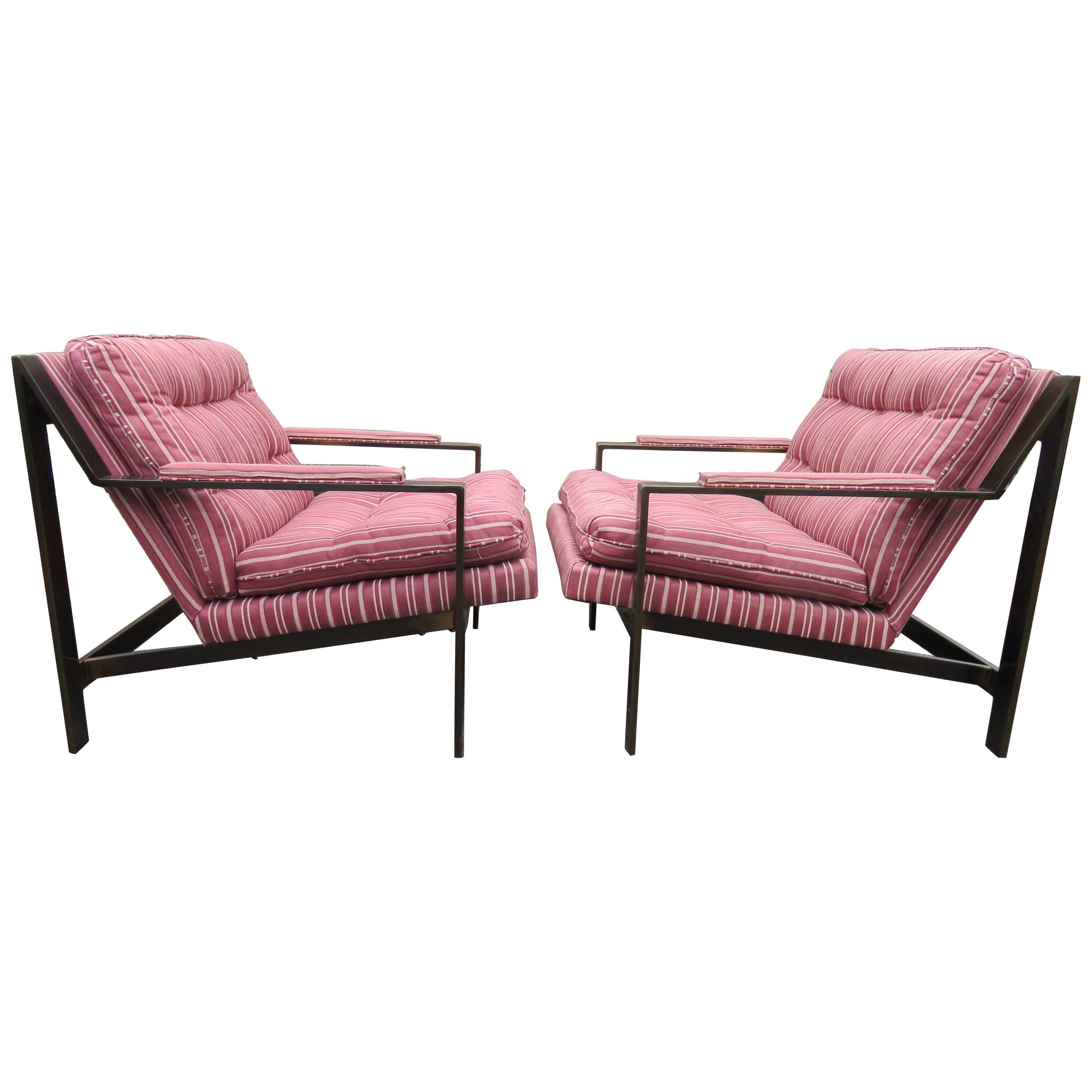 Handsome Pair Milo Baughman Style Brass Lounge Chairs Mid-Century Modern