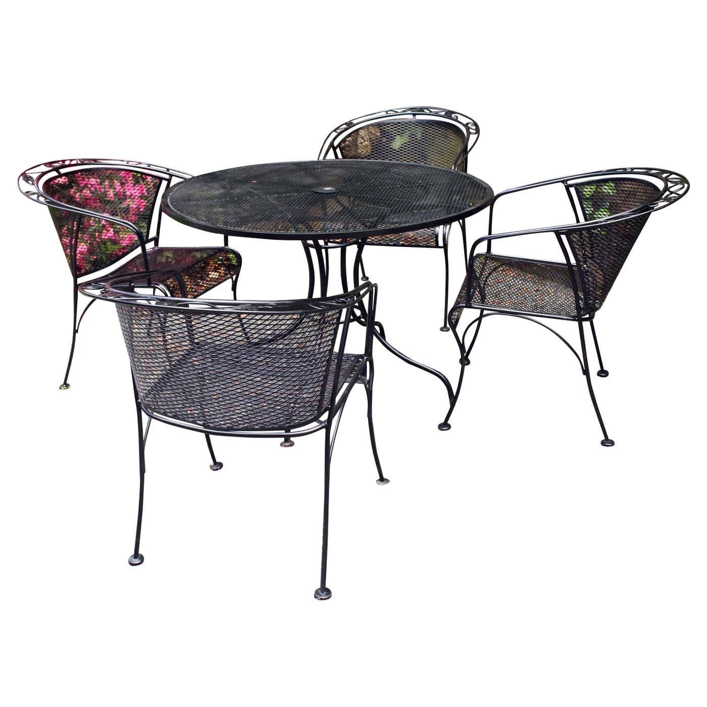 Vintage Woodard Wrought Iron Table and 4 Barrel Back Arm Chairs For