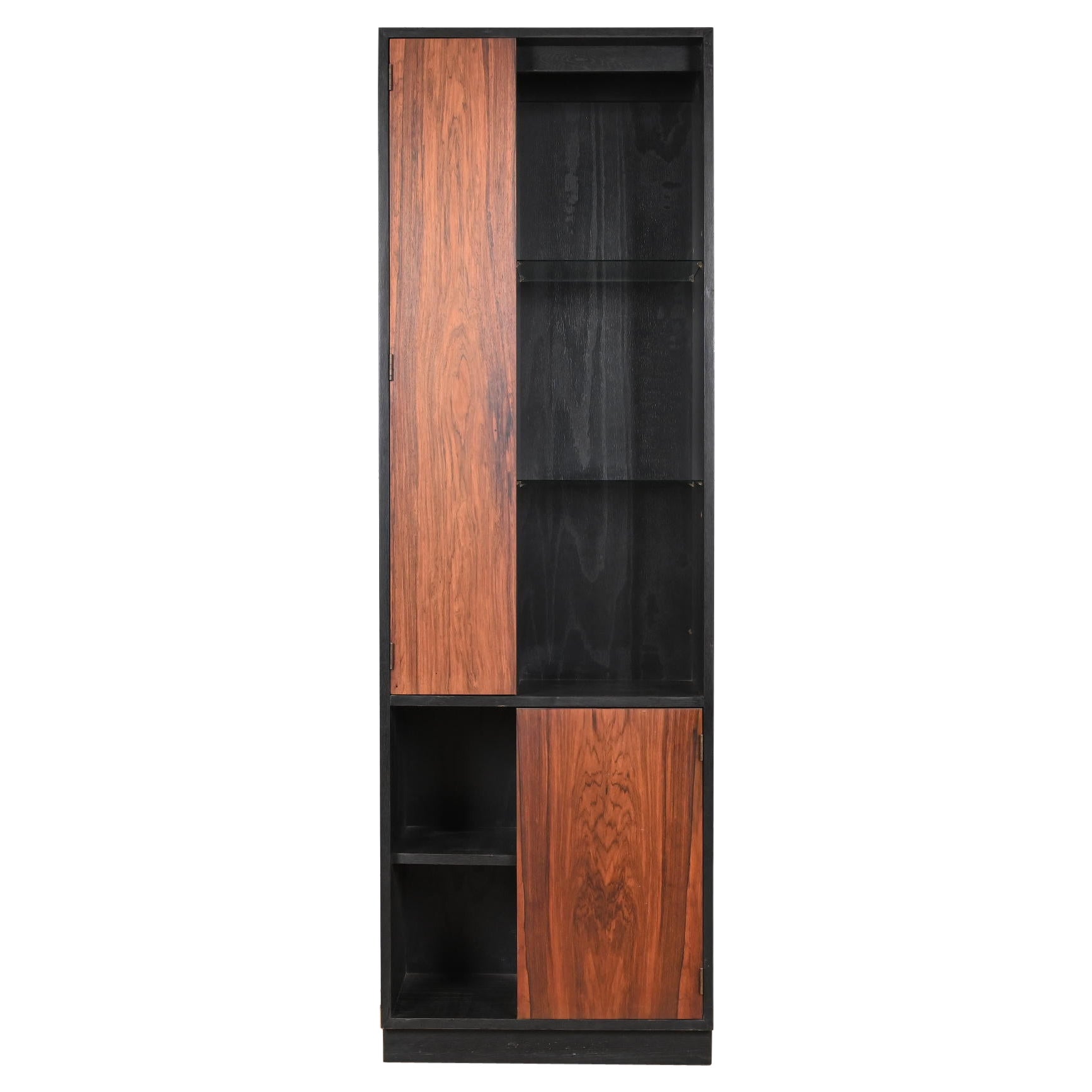 Harvey Probber Rosewood and Ebonized Wood Lighted Bookcase or Display Cabinet