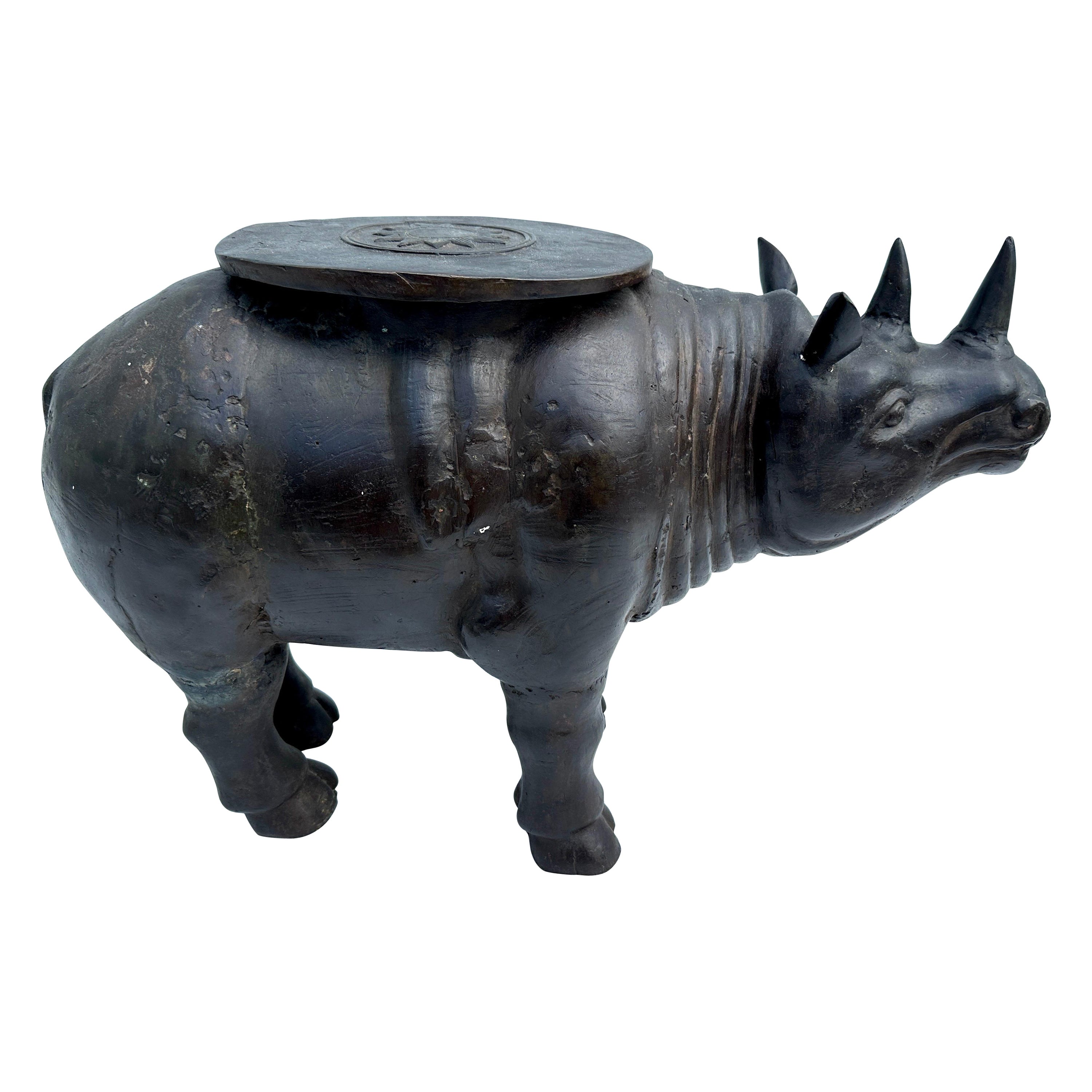 Large Scale Vintage Bronze Rhino Sculpture/ Side-Table For Sale