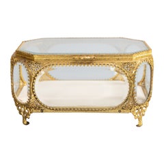 Antique French Ormolu Beveled Glass Jewelry Casket or Dresser Box