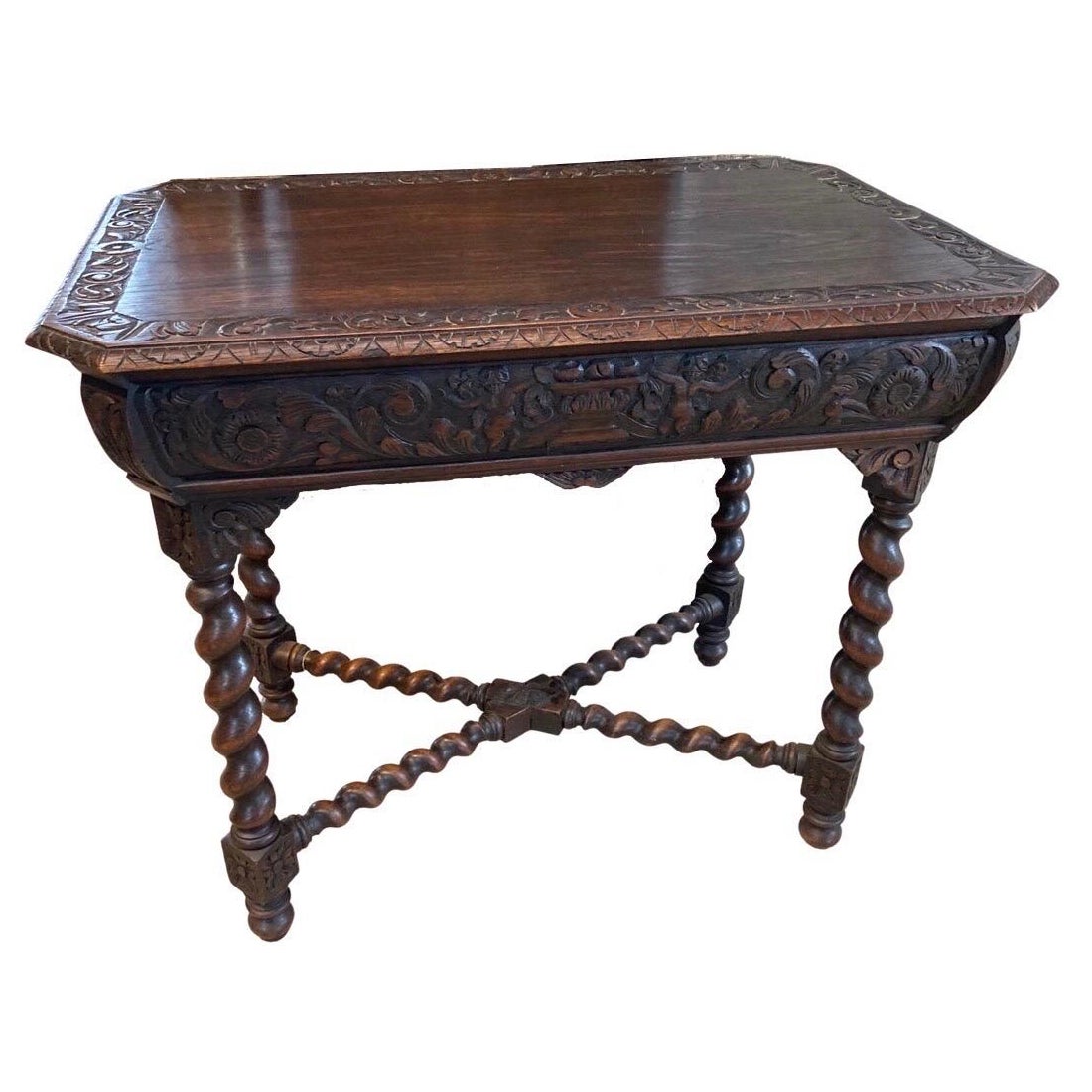 19th Century Carved French Oak Side Table / End Table