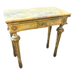 Table console italienne Louis XVI de 1780 en bois laqué vert et marbre doré