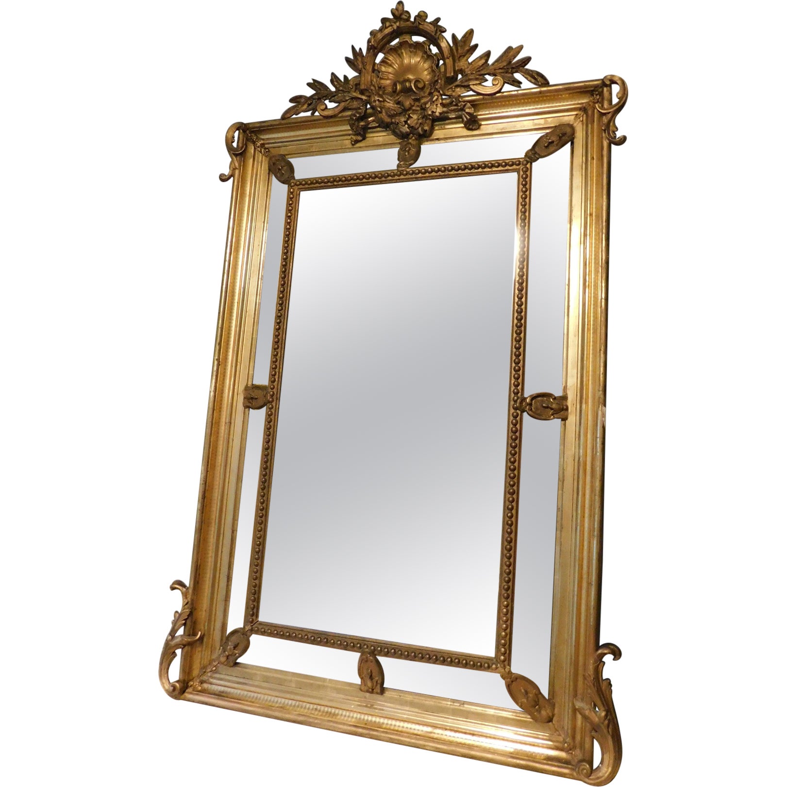 Antique Gilded Mirror Carved with Shell and Frills, Late 19th Century