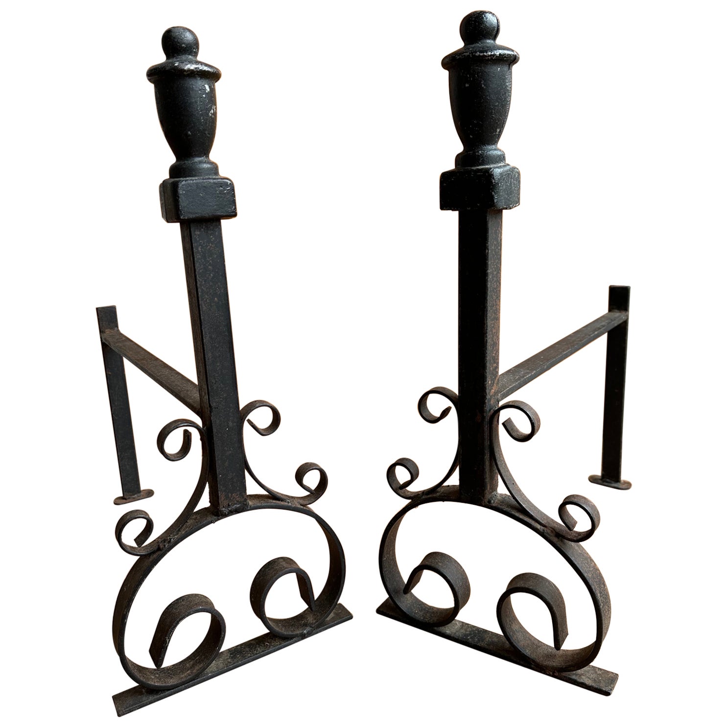 19th Century Handwrought Iron Gothic Fireplace Andirons Firedogs For Sale
