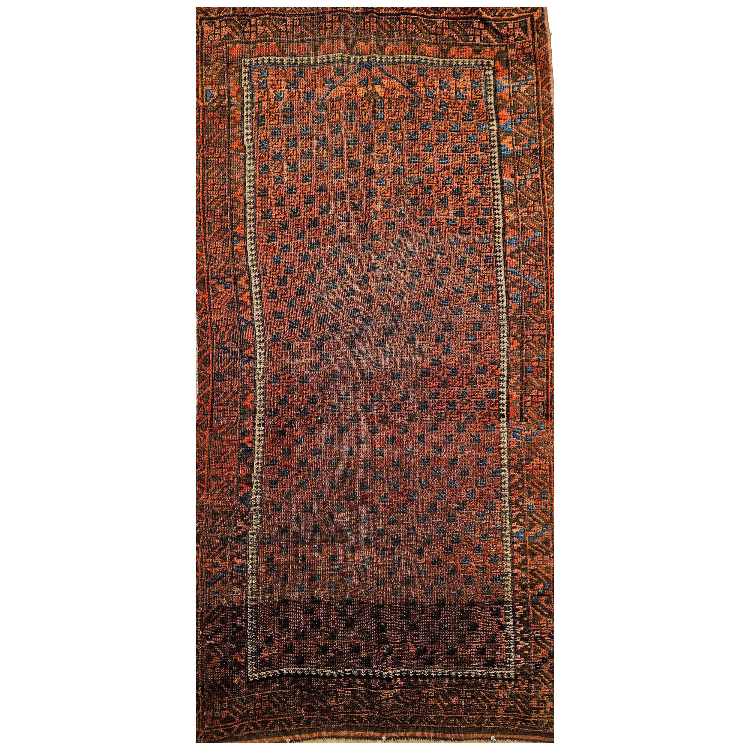19th Century Turkmen Yomut Area Rug in Prayer Pattern in Dark Red, French Blue For Sale
