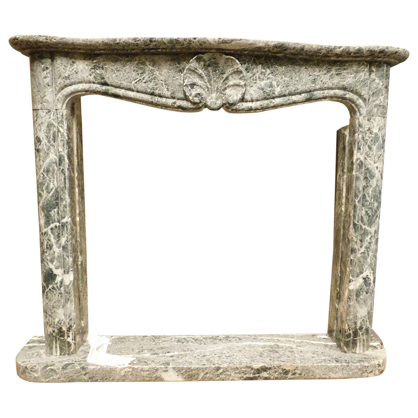 Vintage Fireplace Mantle in Verde Alpi Marble Carved, 20th Century Italy