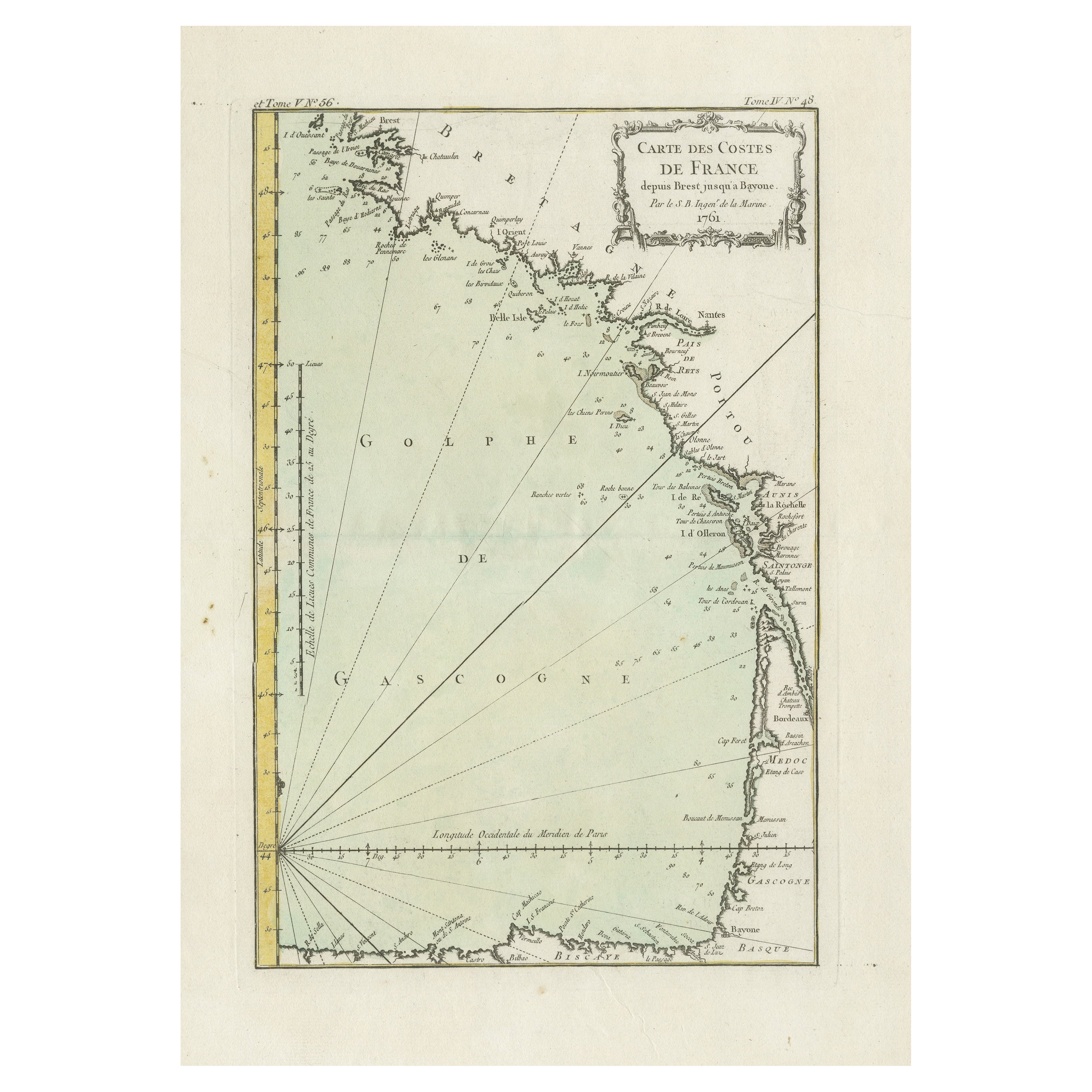Antique Map of the Coast of France Between Brest and Bayonne For Sale