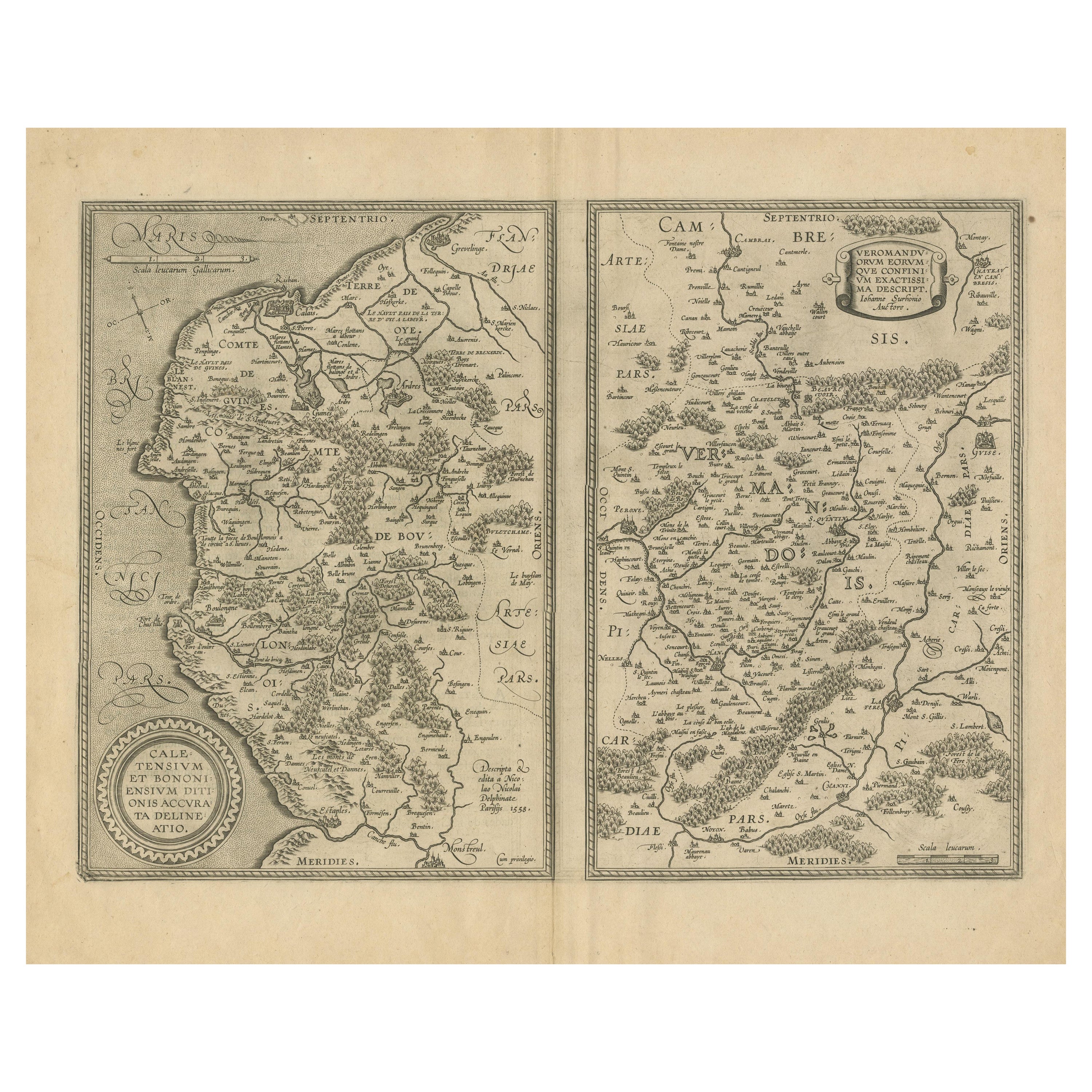 Carte ancienne de la côte entre Calais et Estaples et le nord de la France en vente
