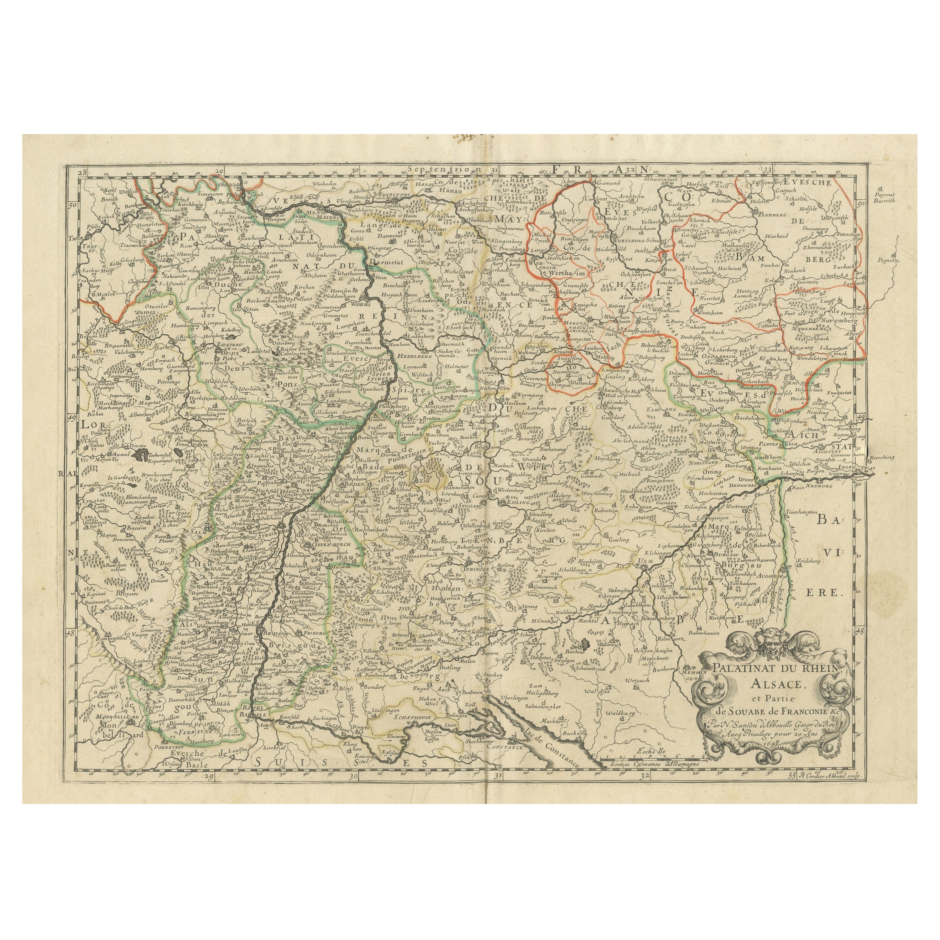 Antique Map of the Rhineland and Alsace Region with Original Hand Coloring For Sale