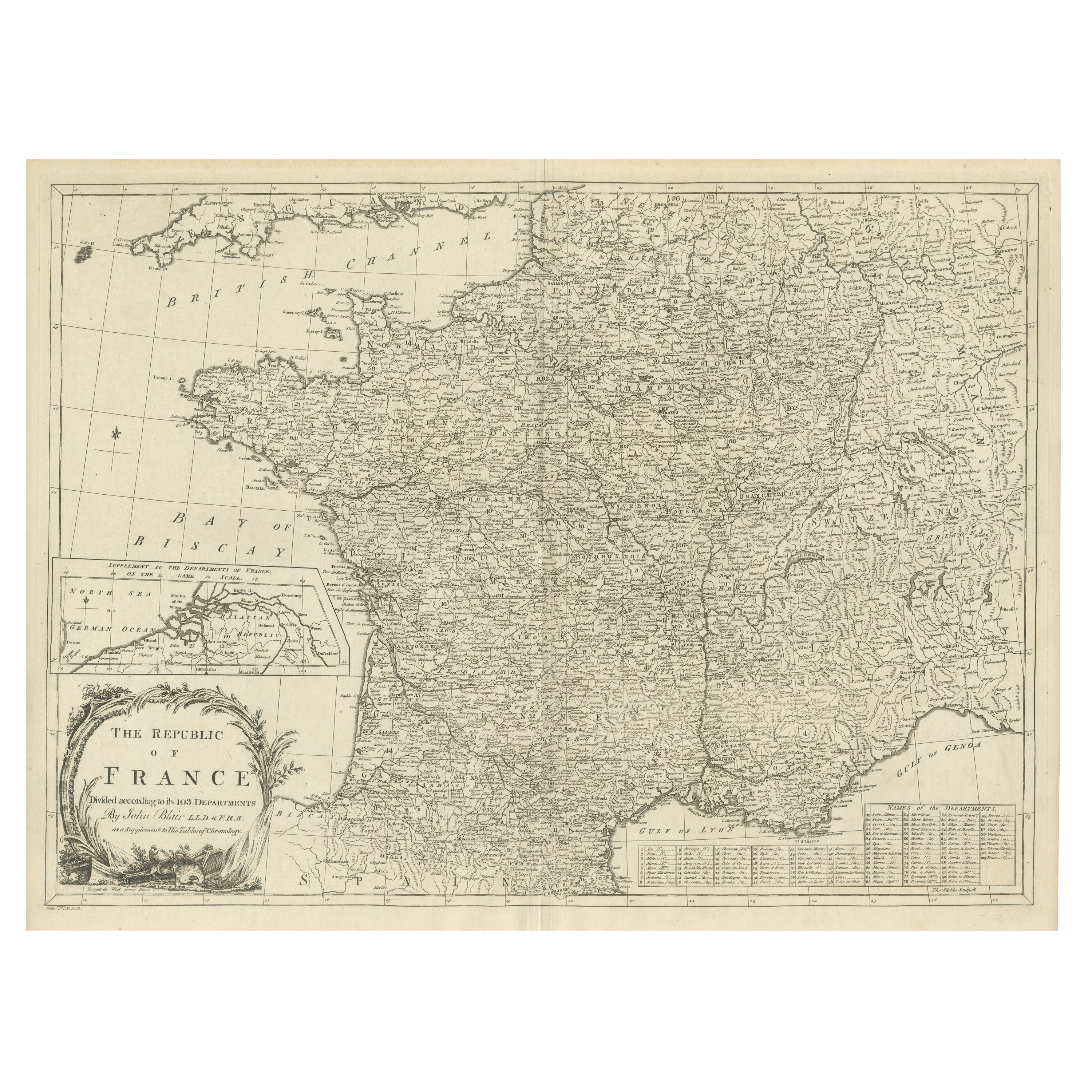 Carte ancienne de la France avec encadrement montrant les départements nordiques