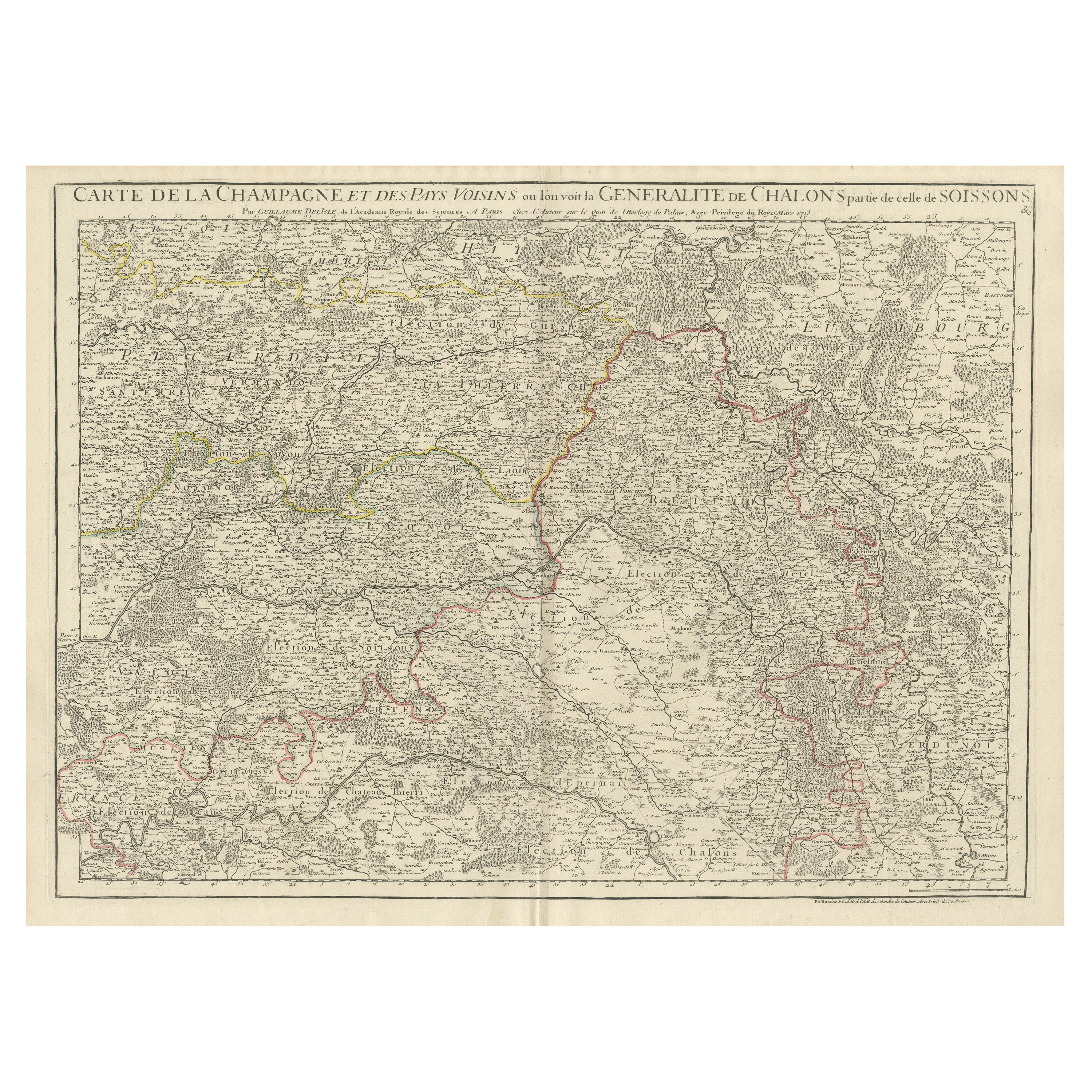 Antique Map of Champagne and surrounding Regions, France For Sale