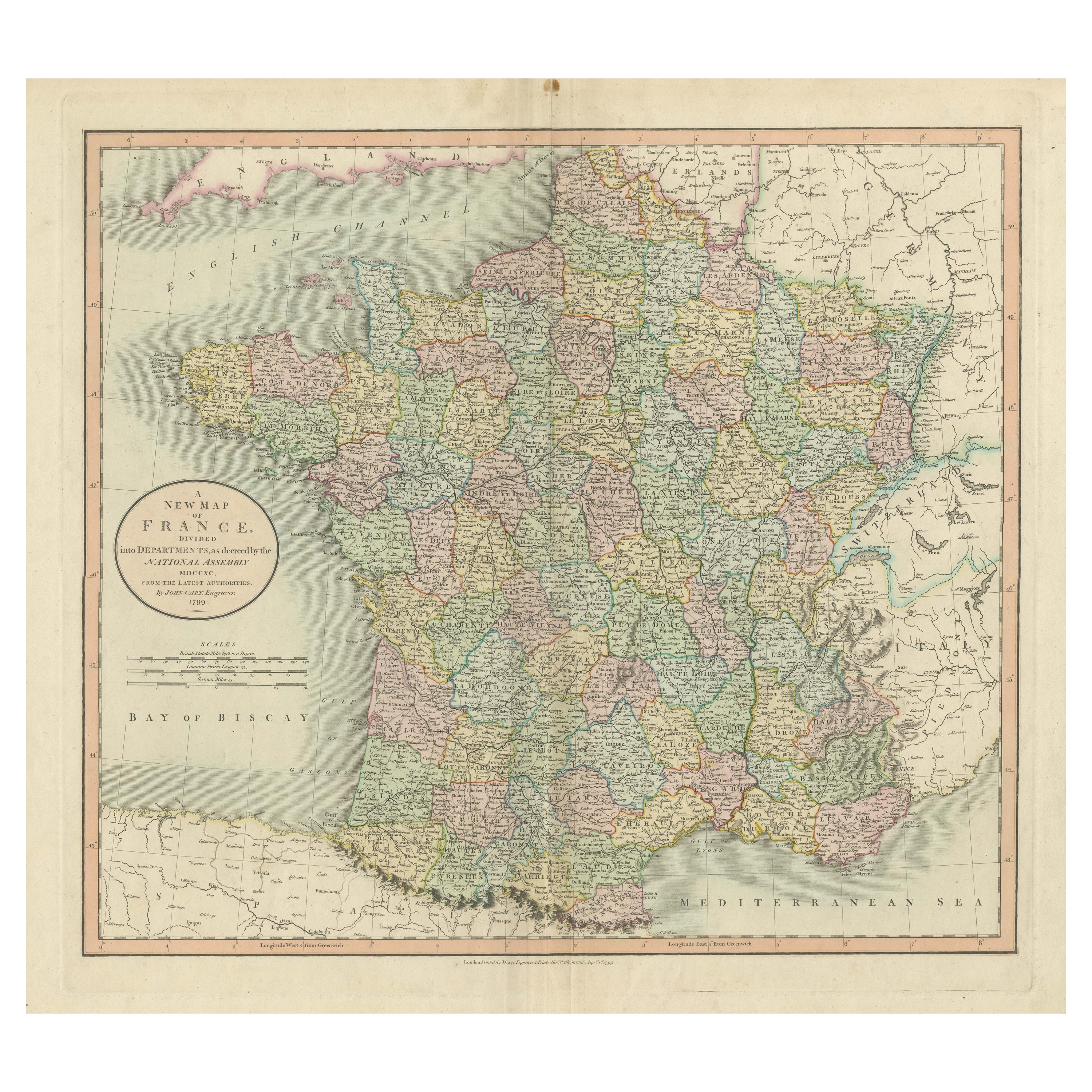 Carte ancienne de la France divisée en départements, avec coloration à la main d'origine