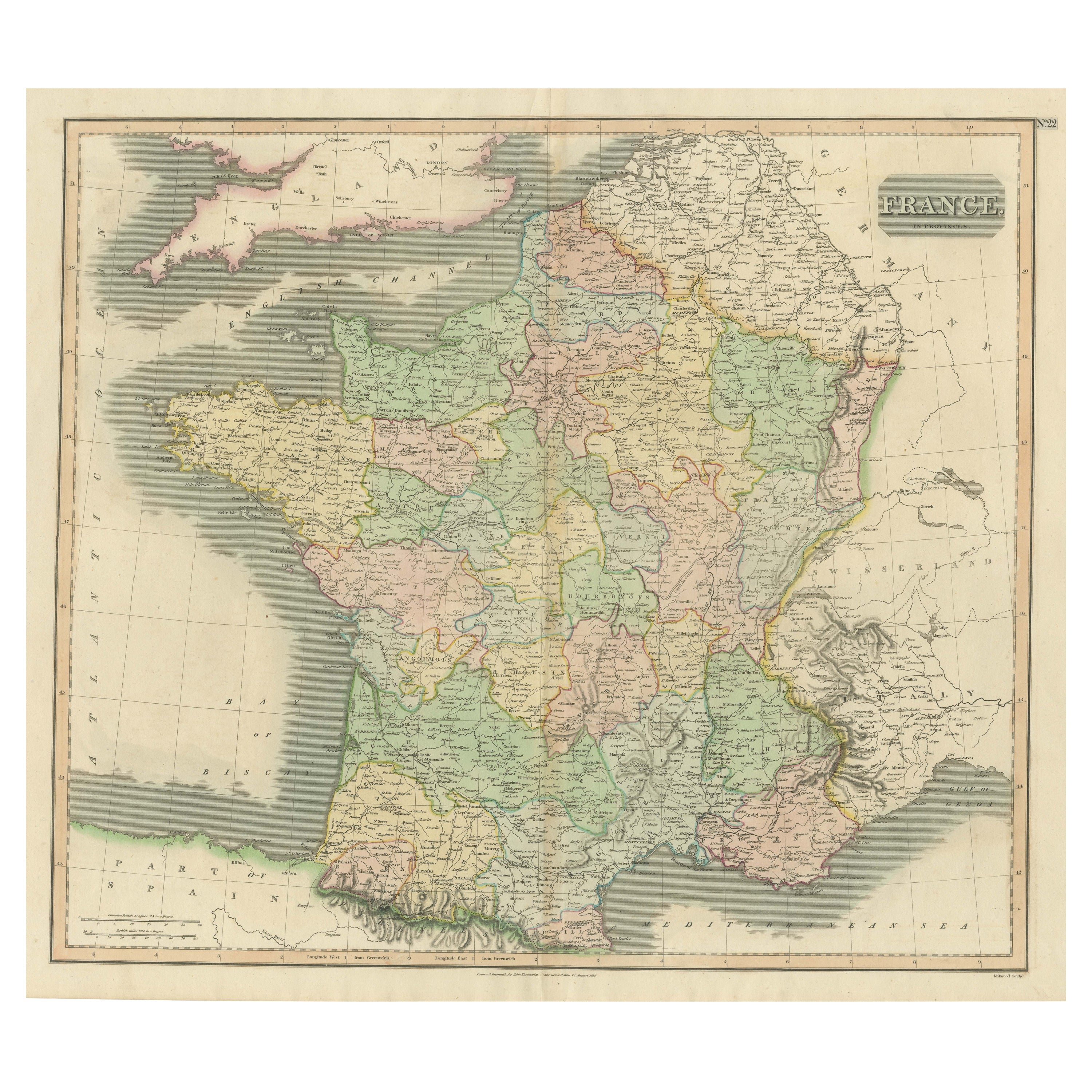 Large Antique Map of France with Original Hand Coloring For Sale