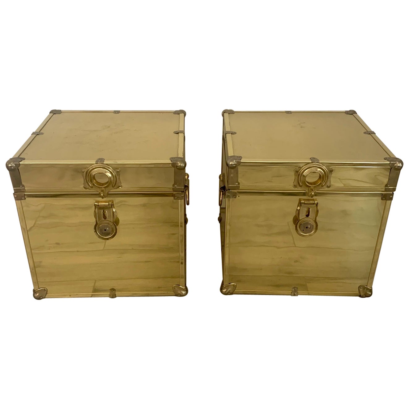 Pair of Sarreid Style Brass Clad Trunks, Tables For Sale