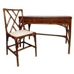 Retro Midcentury Italian Writing Desk with Drawers and Chair, in Bamboo Cane & Wicker