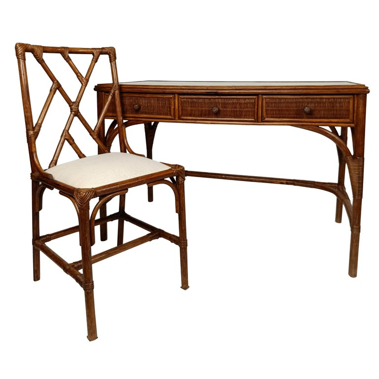 Midcentury Italian Writing Desk with Drawers and Chair, in Bamboo Cane