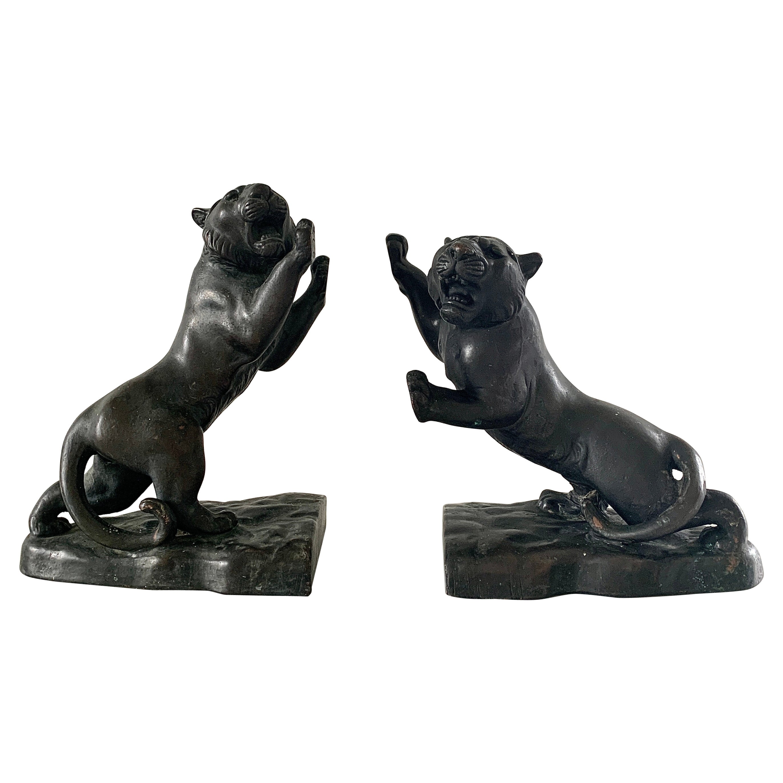 Antique Bronze Roaring Tiger Bookends, Pair For Sale