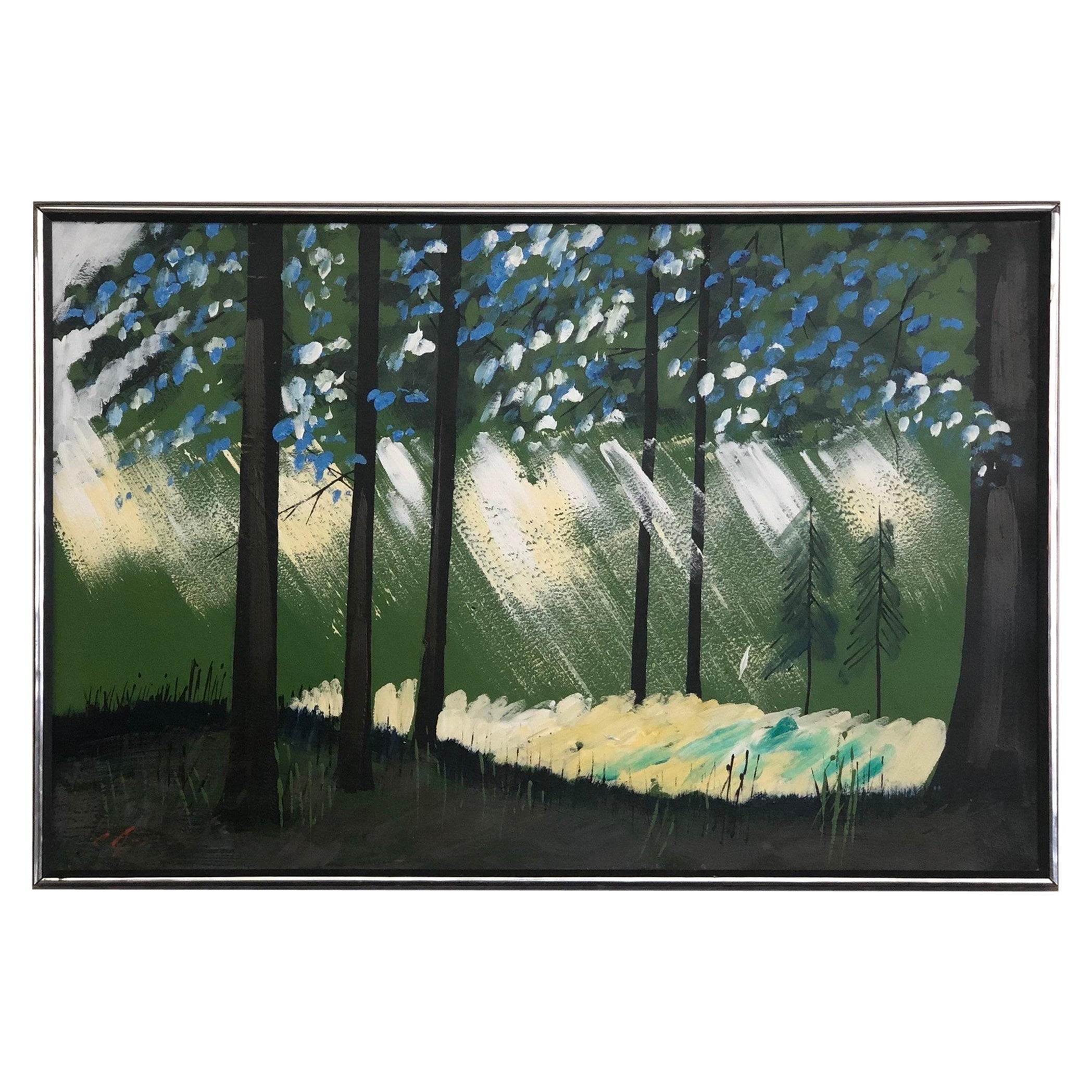 Vieille peinture abstraite de style MCM moderne du milieu du siècle dernier encadrée en forme de forêt, signée en vente