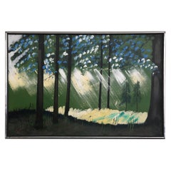 Vieille peinture abstraite de style MCM moderne du milieu du siècle dernier encadrée en forme de forêt, signée