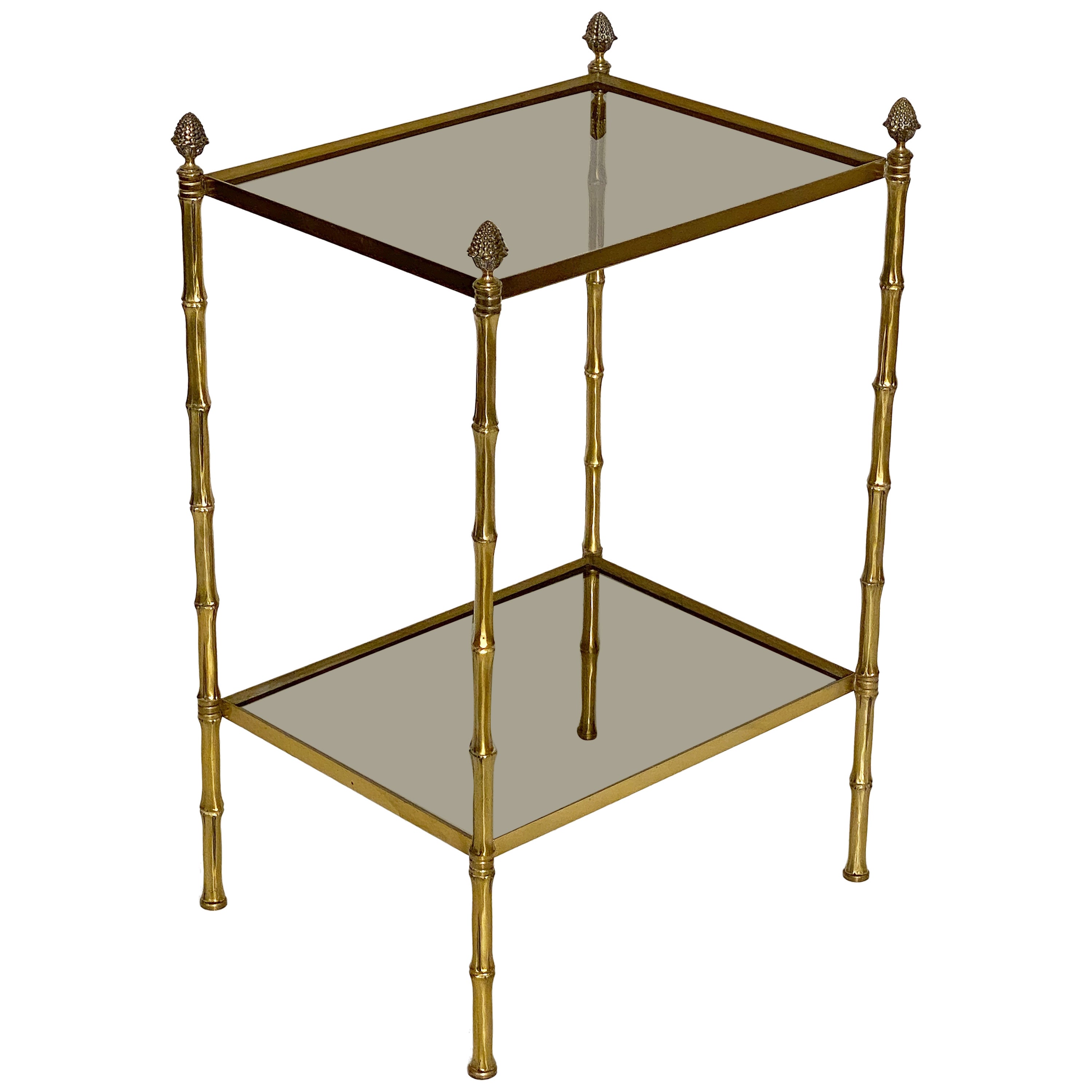 French Two-Tiered Side or End Table of Brass and Smoked Glass