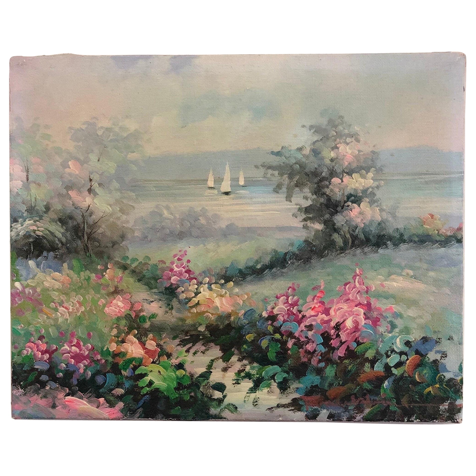 Vintage Victorian Scenic Water Nautical Boating Boat Mid-Century Modern Painting For Sale