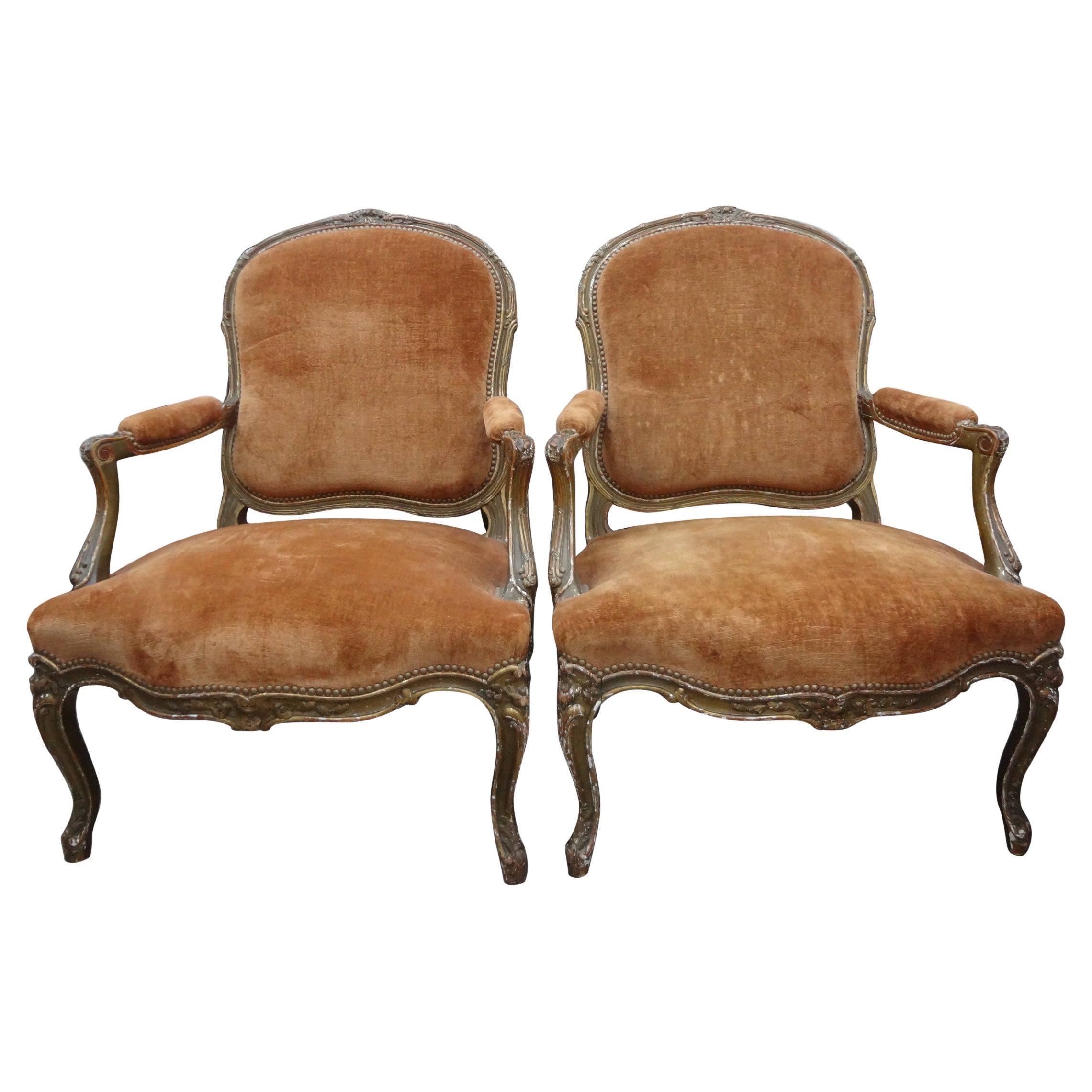 Paar französische Stühle aus vergoldetem Holz im Louis-XV-Stil des 19. Jahrhunderts