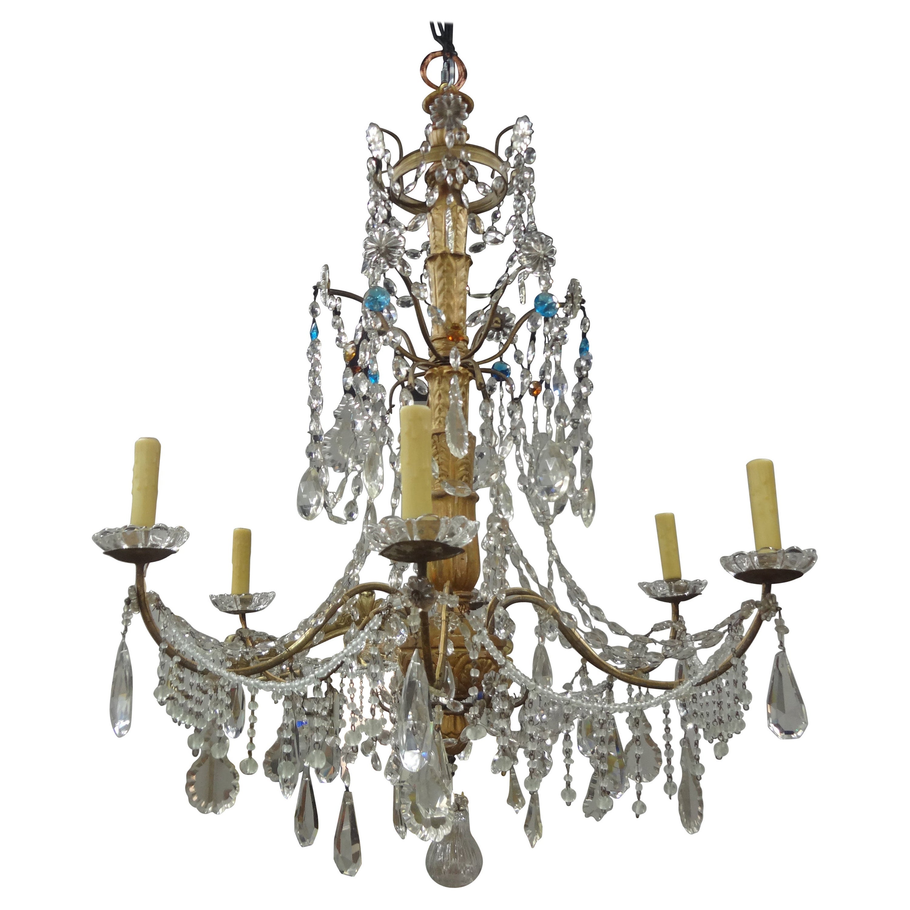 Large 19th Century Italian Genovese Giltwood and Crystal Chandelier For Sale