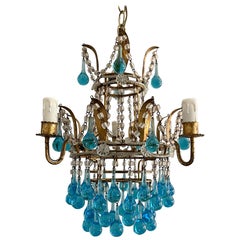 Italian Crystal Beaded Chandelier with Blue Murano Drops