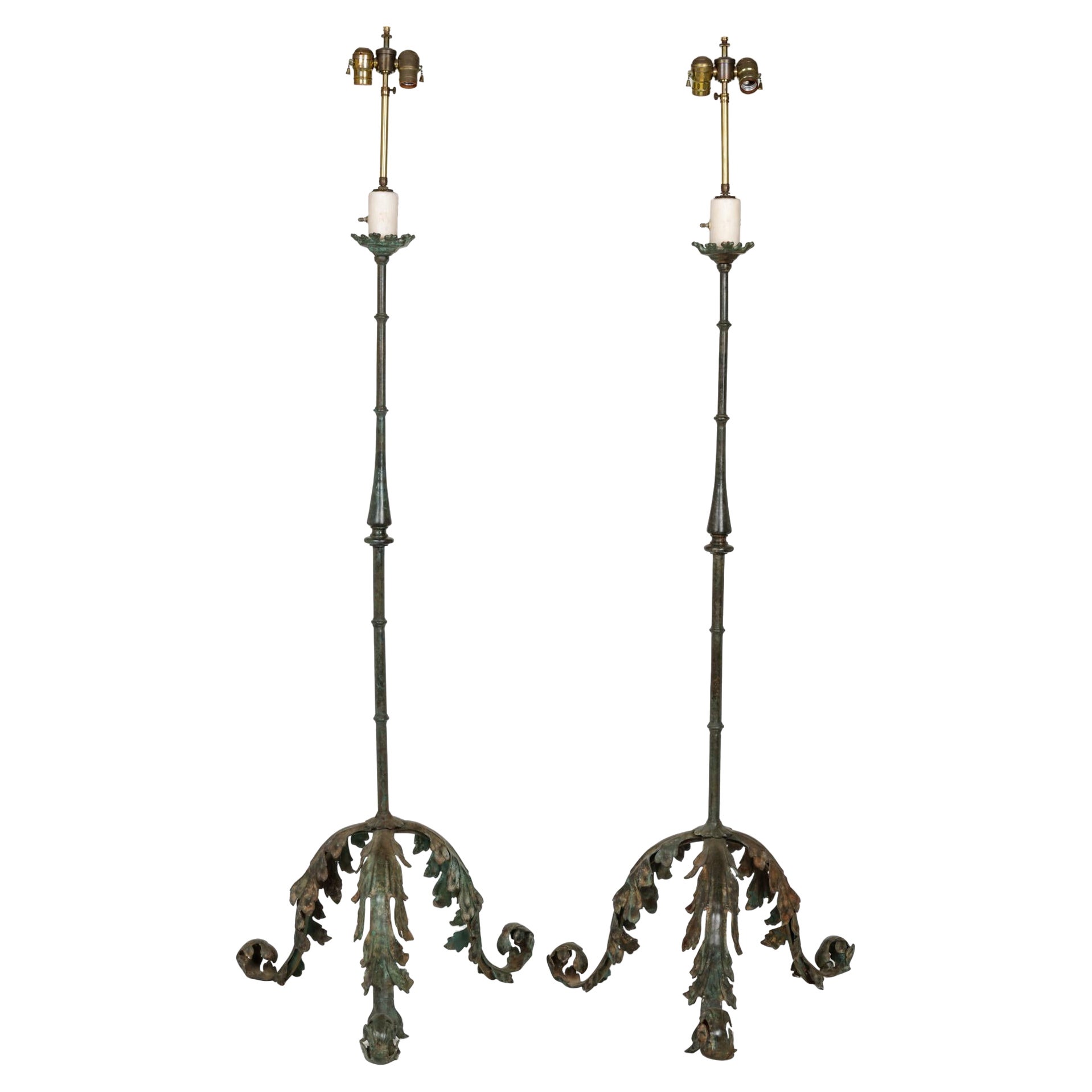 Pair, Bronze Floor Lamps in Acanthus Leaf Design For Sale