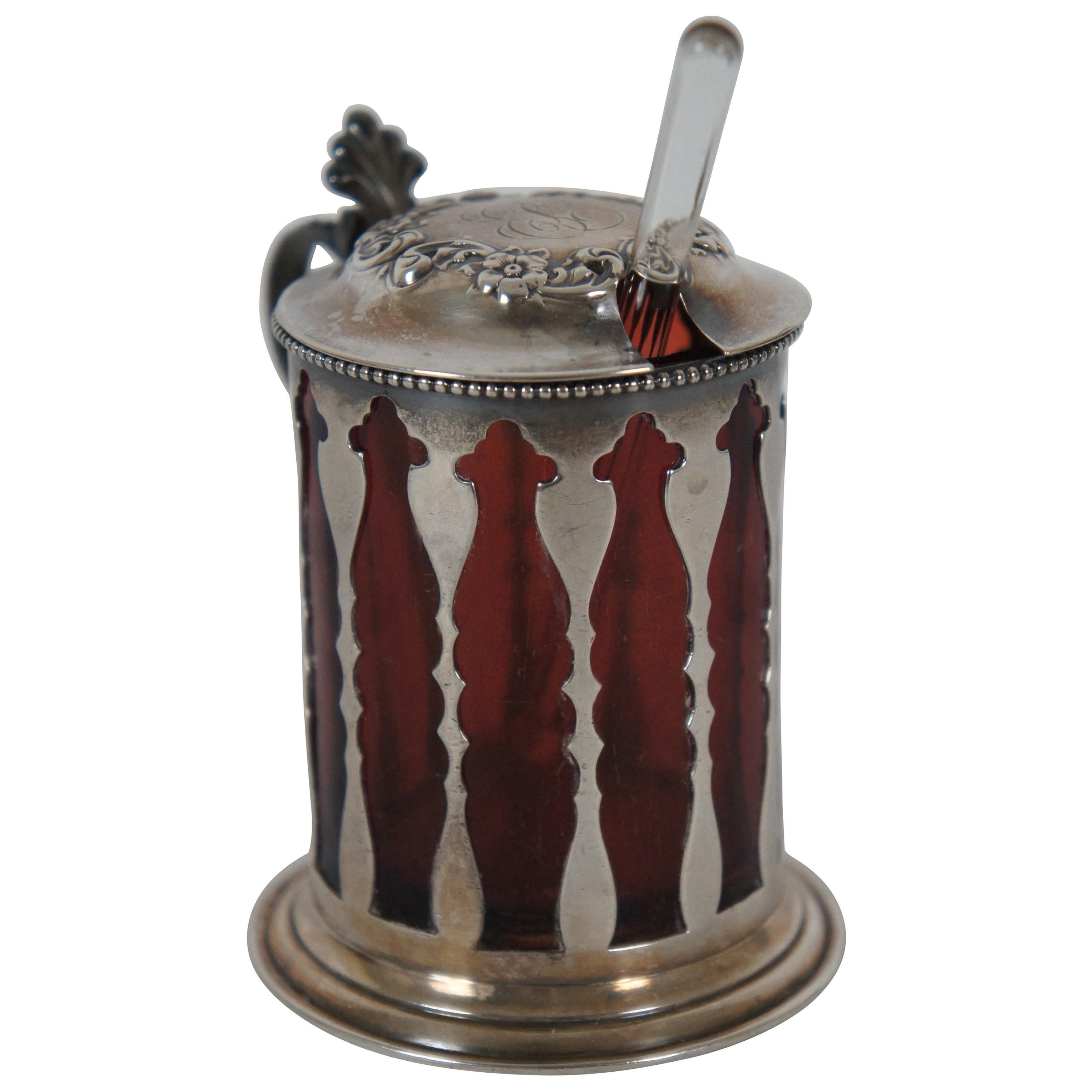 Ancien pot à condiments et cuillère en argent sterling américain et verre rubis 105 152g en vente