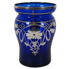 Antique Art Deco Cobalt Glass & Sterling Silver Ornate Overlay Floral Vase