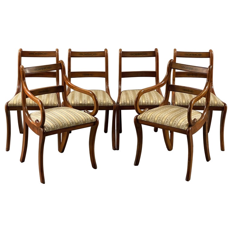 Vintage Suite of Six Yew Wood Dining Chairs Including Two Carvers at
