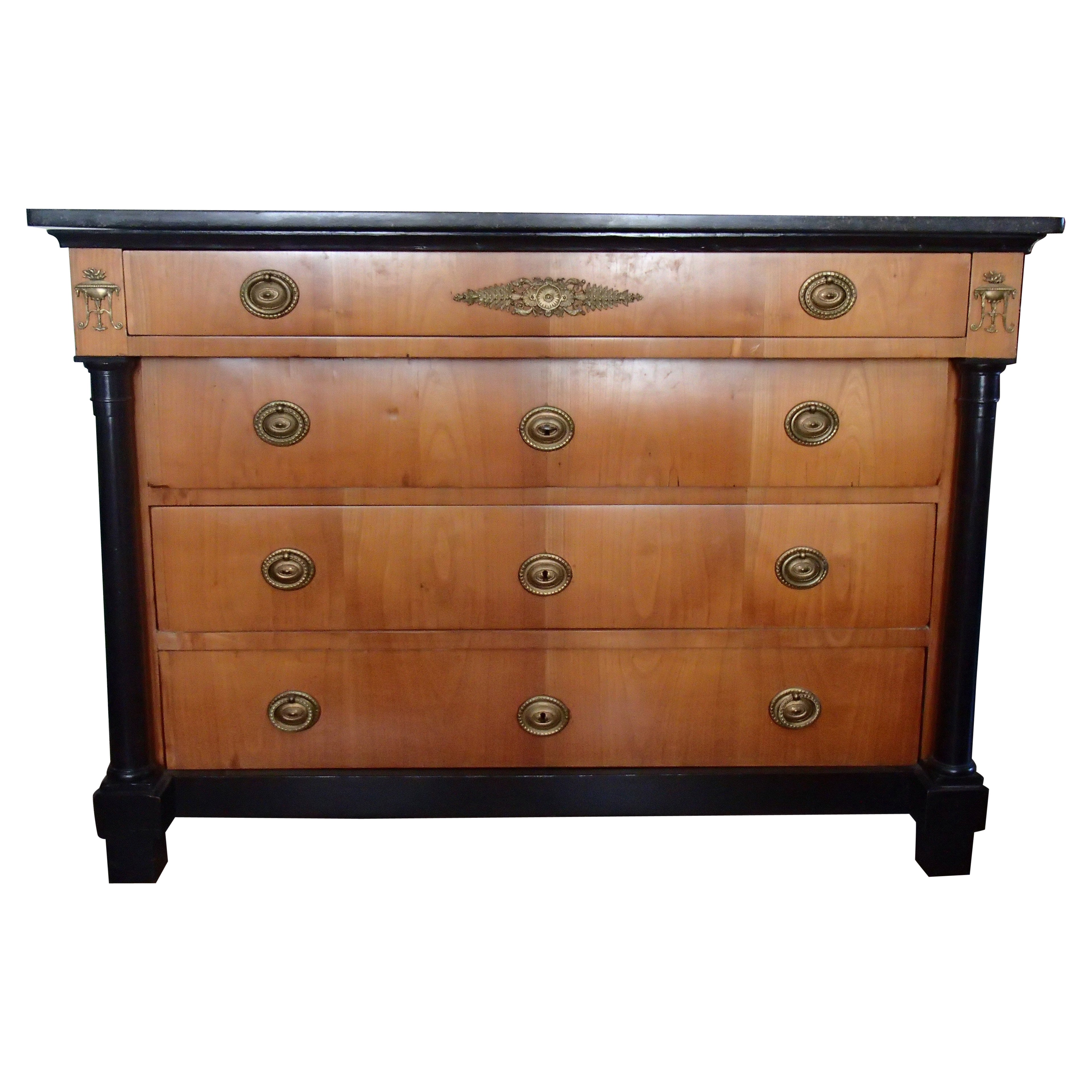 Empire Chest of Drawers Cherry Wood with Black Colones and Black Marble Top For Sale