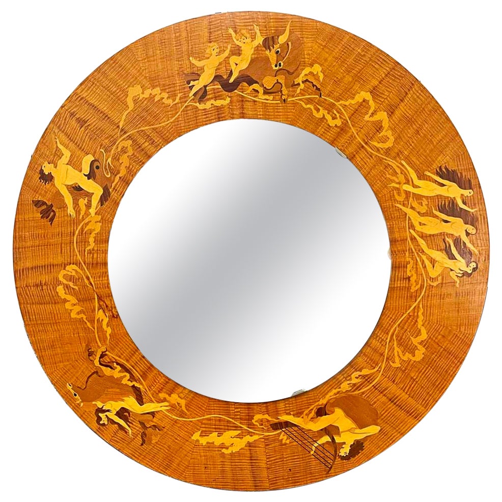 "Mythological Scenes", Art Deco Wood Inlay Mirror with Triton, Europa, Orpheus