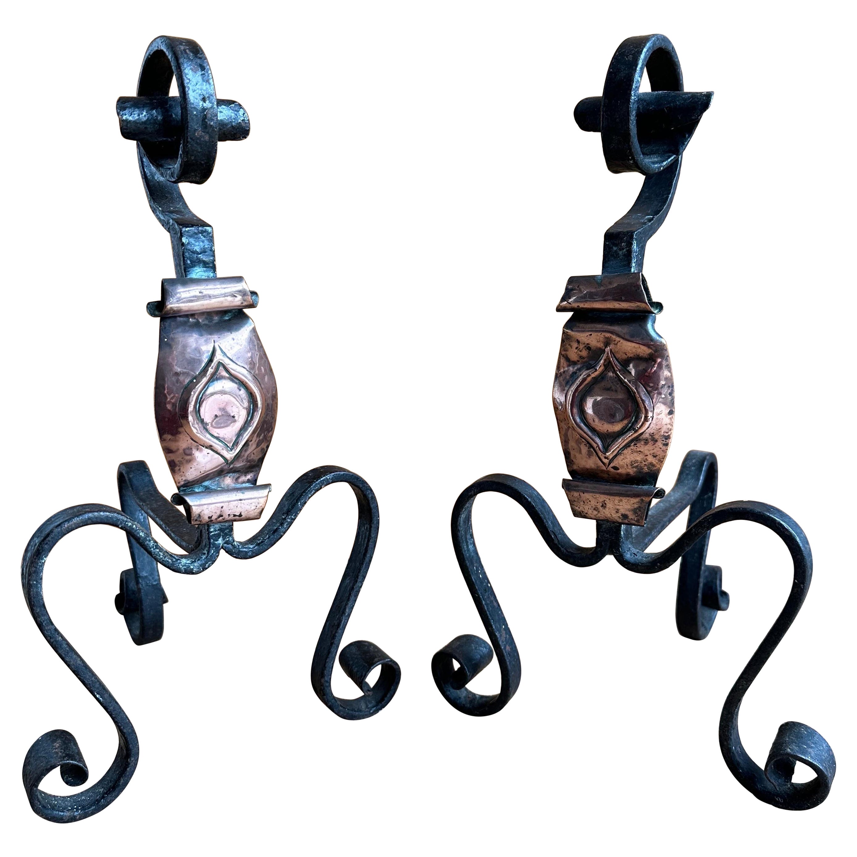 Handwrought Iron and Copper Gothic Fireplace Andirons Firedogs, 19th Century For Sale