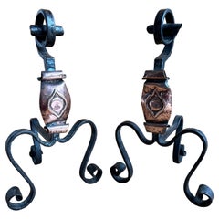 Antique Handwrought Iron and Copper Gothic Fireplace Andirons Firedogs, 19th Century