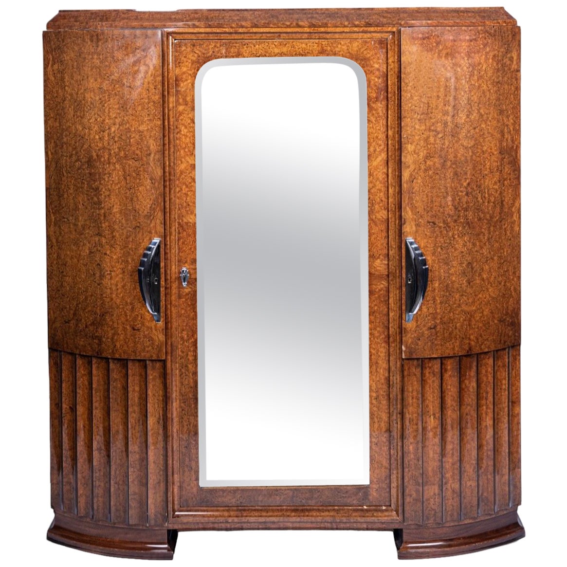 1930s French Art Deco Burl Wood Mirrored Armoire Cabinet