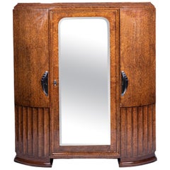 1930s French Art Deco Burl Wood Mirrored Armoire Cabinet