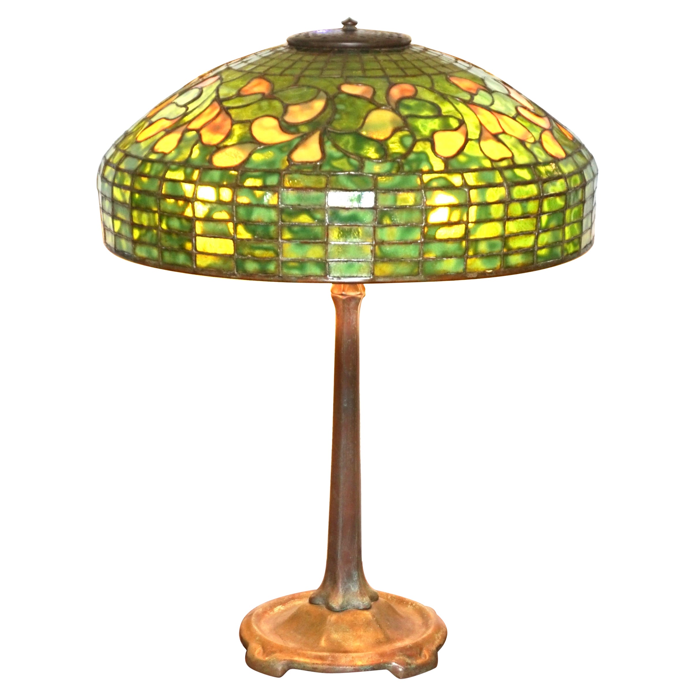 Zitronenblatt-Tischlampe mit wirbelnden Blättern, Tiffany Studios im Angebot