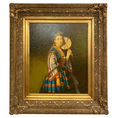 Peinture à l'huile d'un portrait d'une femme habillée en costume de style ottoman, certifiée