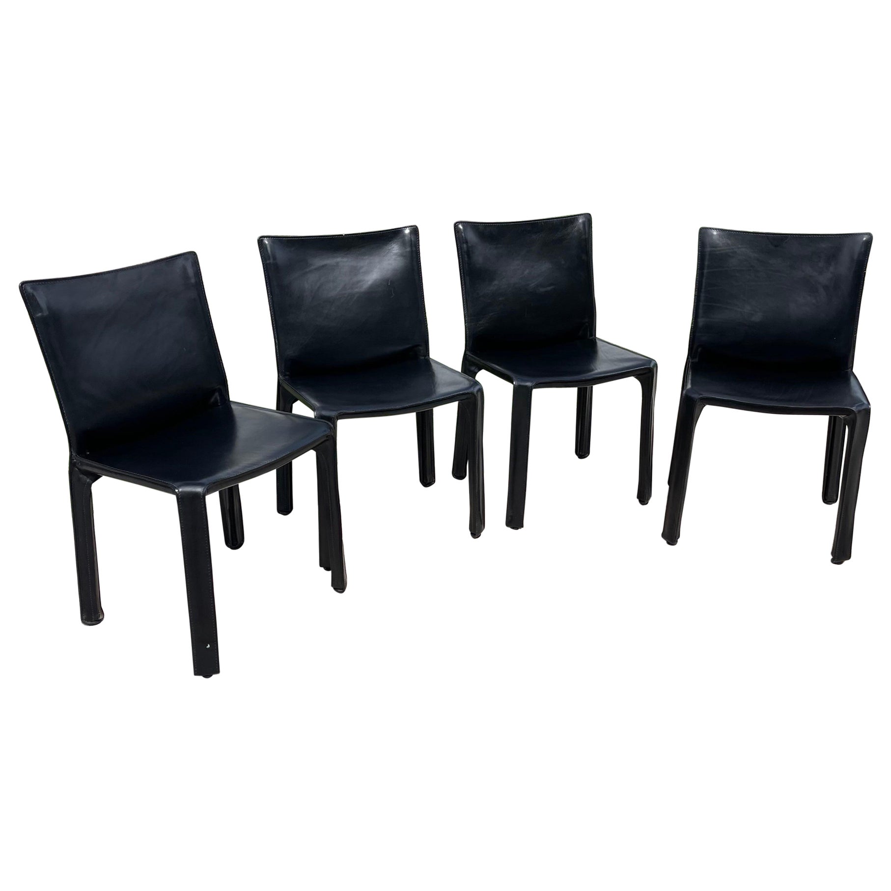 Mario Bellini for Cassina Cab 412 Leather Clad Dining Chairs, Set of 4