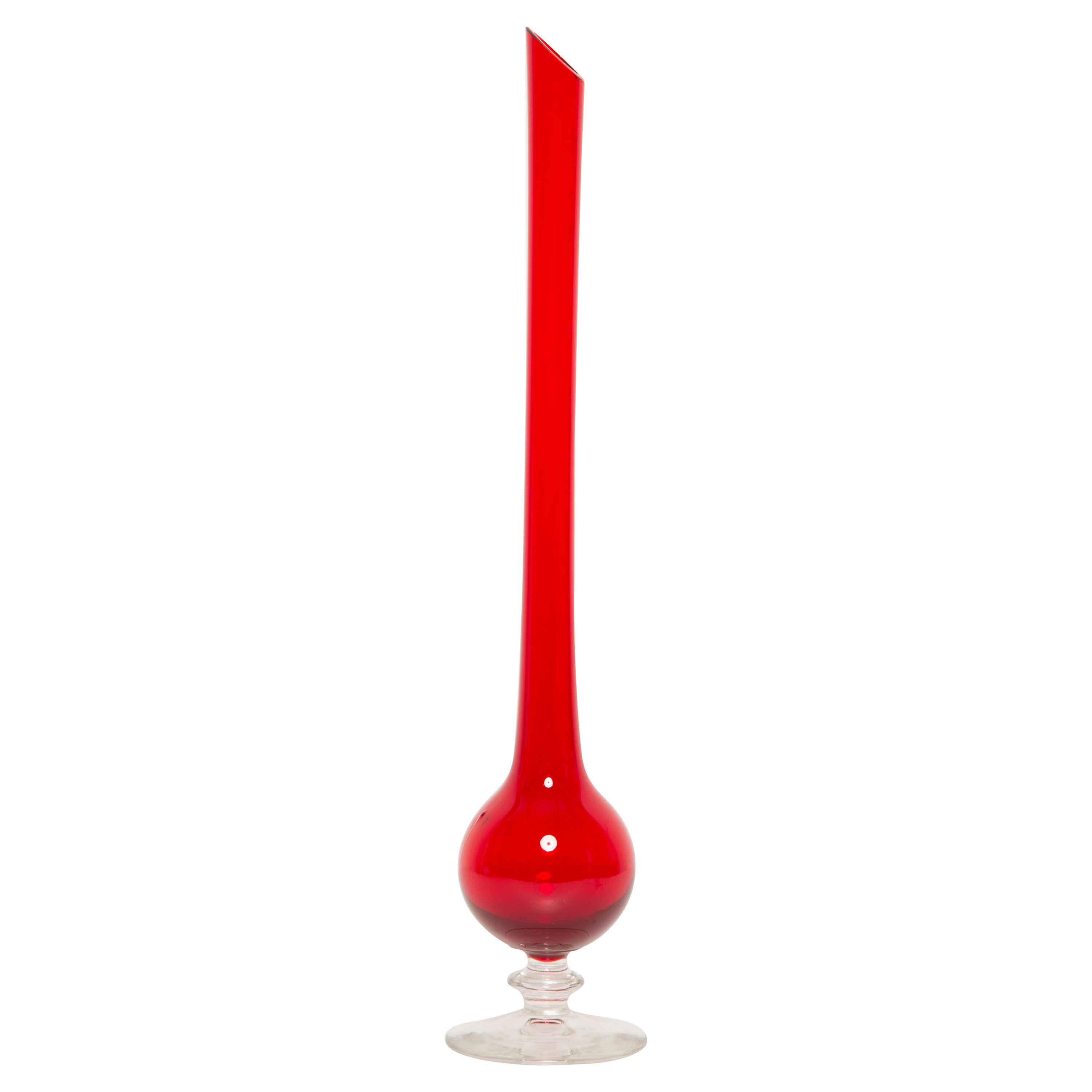 Midcentury Vintage Slim Red Decorative Glass Vase, Europe, 1960s For Sale