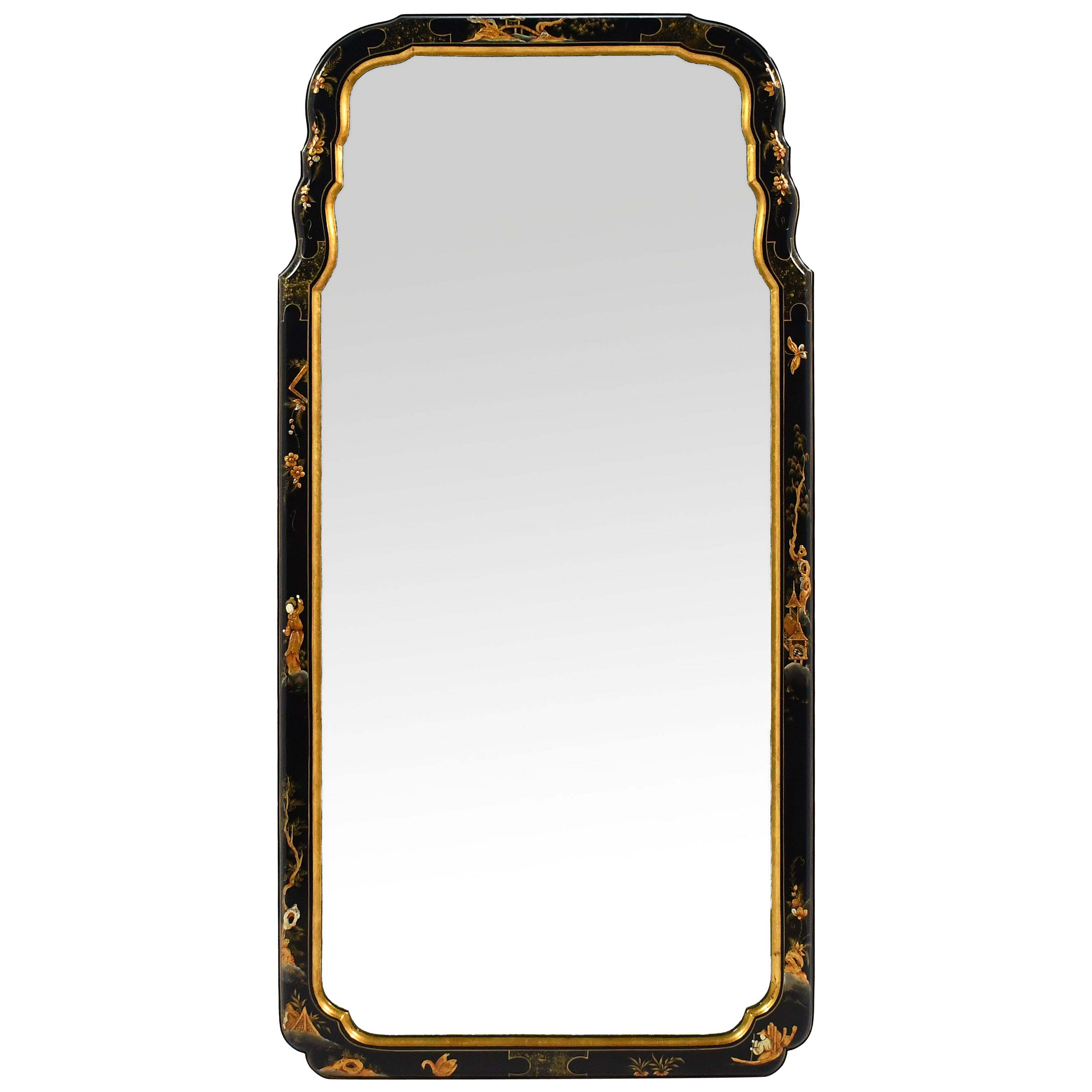 Baker Black Lacquer and Chinoiserie Framed Wall Mirror