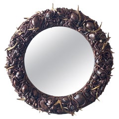 Amazing Large Convex Mirror with Burlwood and Antler Frame