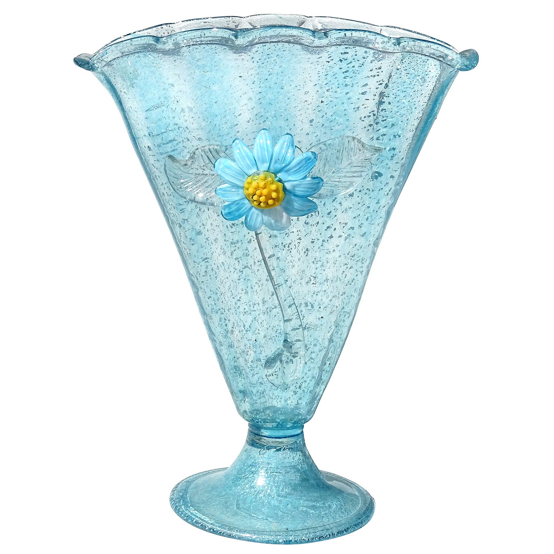 Murano Blue Daisy Silver Flecks Italian Art Glass Tall Fan Shape Flower Vase (Vase à fleurs en forme d'éventail)