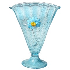 Vintage Murano Blue Daisy Silver Flecks Italian Art Glass Tall Fan Shape Flower Vase