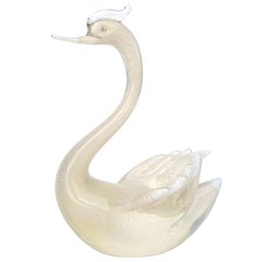 Vintage Seguso Murano Opalescent White Gold Flecks Italian Art Glass Swan Bird Sculpture