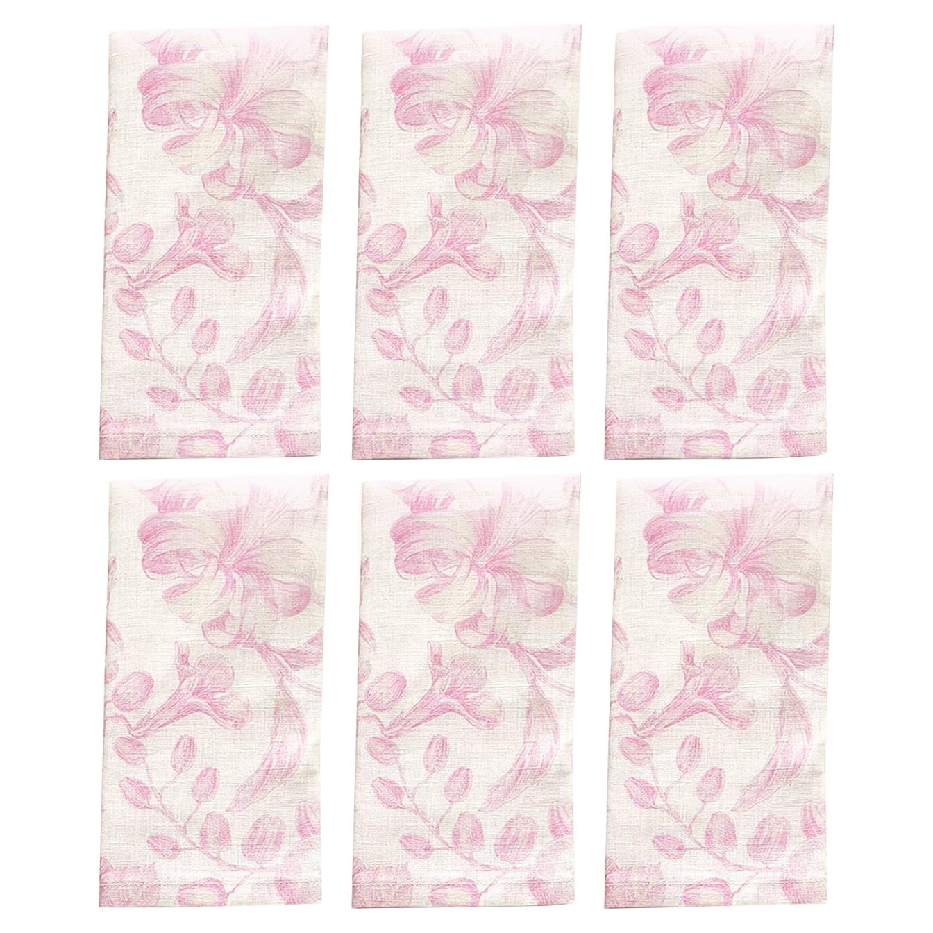 Set of Six Pink Floral Linen Voile Napkins "Marie Antoinette" Design